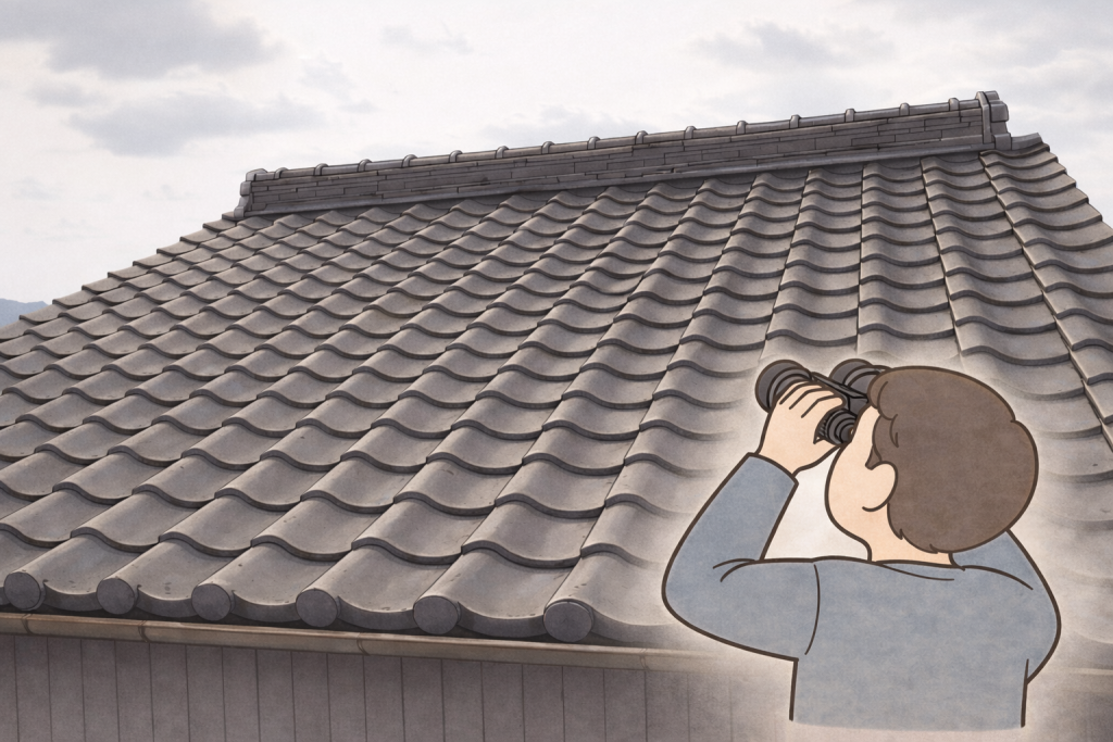 下から見た瓦屋根の棟の状態を確認している様子