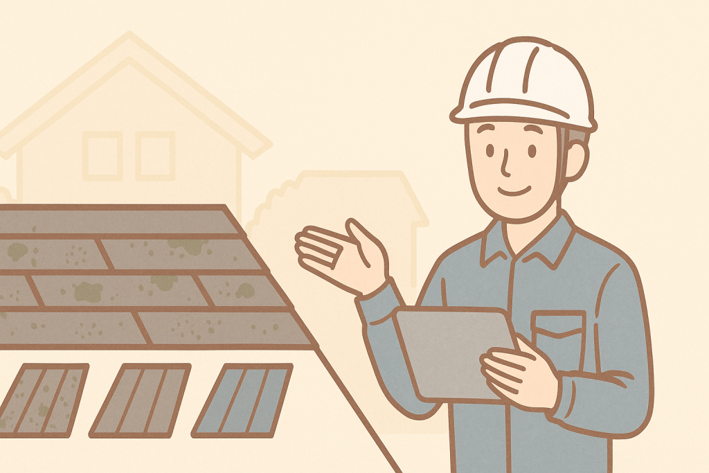 古い屋根から新しい屋根へ改善された施工例を示し、作業員キャラが優しく説明しているイラスト。
