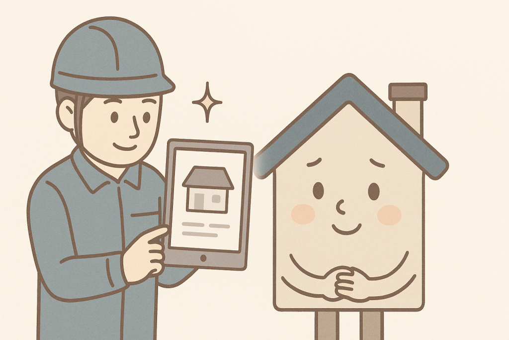 タブレットで点検結果を説明する作業員と京キャラのイラスト
