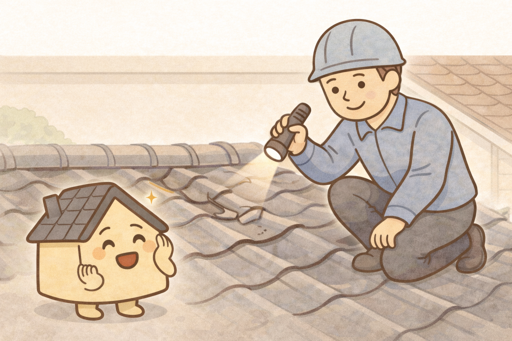瓦屋根を点検する作業員と安心した家のキャラクター