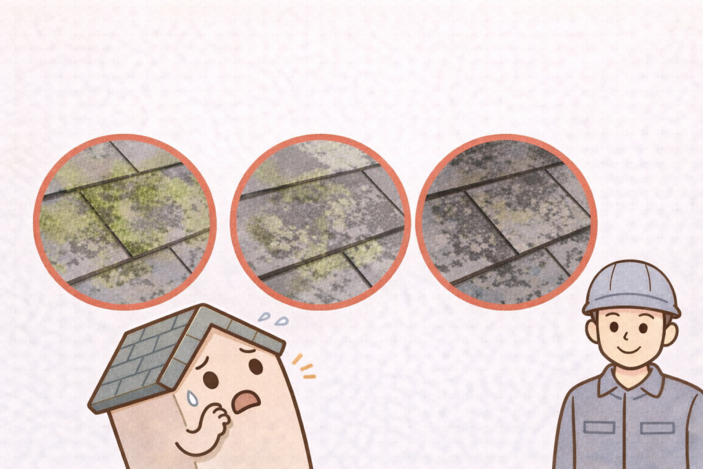 スレート屋根に発生するコケ・カビ・黒ずみの違いを示したイメージ
