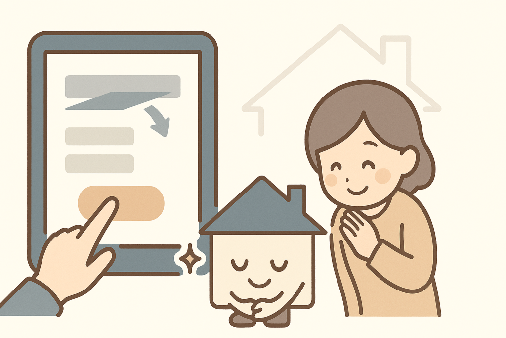 タブレットの送信ボタンを押そうとする手と、お辞儀する京キャラが描かれたお問い合わせ誘導イラスト。
