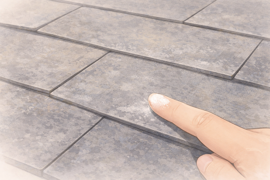 スレート屋根の塗膜が劣化しチョーキング現象が起きている状態
