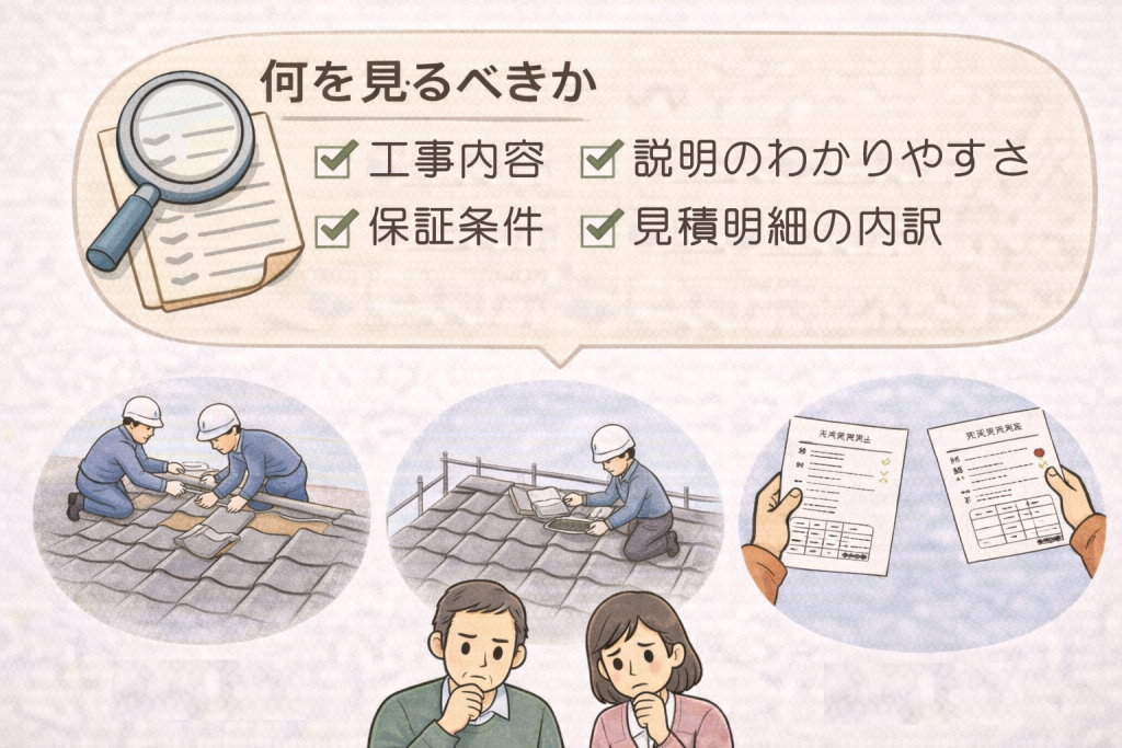 瓦屋根修理の相見積もりで比較すべきポイントを整理したイメージ