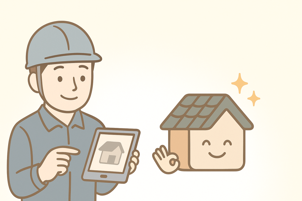 雨漏り修理サービスの安心イメージ｜作業員が京キャラに雨漏り状況を丁寧に説明しているイラスト