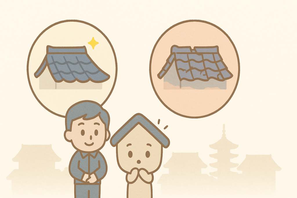 丸型の図で良好な瓦屋根と劣化した瓦屋根を比較するイメージイラスト
