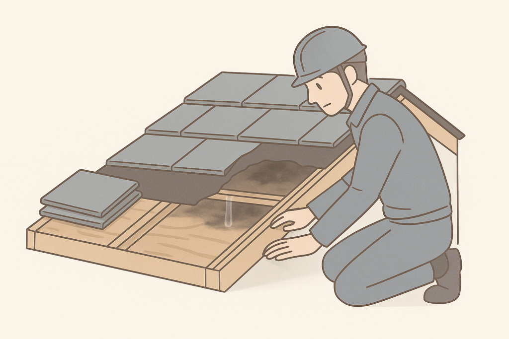 内部劣化を放置したことで大規模な屋根修理が必要になった様子