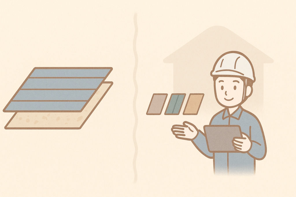 カバー工法と葺き替え工事の違いをシンプルな屋根の図で比較したイラスト。重ね葺きと撤去後の施工の違いが視覚的にわかる構成。
