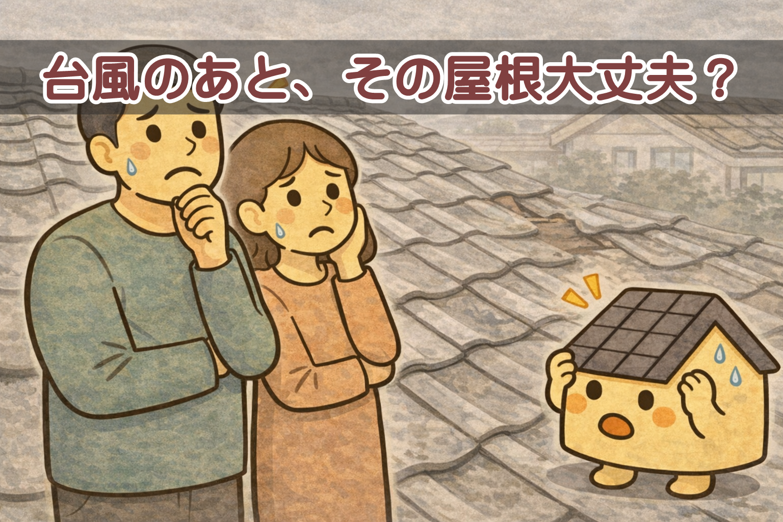 台風後の瓦屋根の状態を確認するための住宅外観イメージ