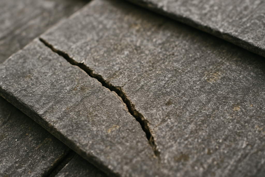 汚れや風化が進み、ひび割れや欠けが見られるスレート屋根の劣化状態