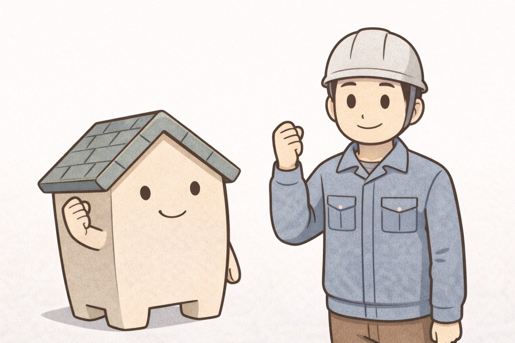 家キャラと屋根のプロが並んで安心して任せてよいことを伝えているイメージ
