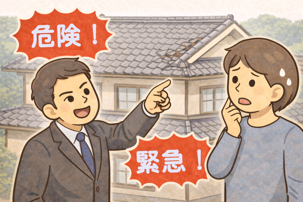 瓦屋根の状態について訪問販売業者から説明を受けている様子