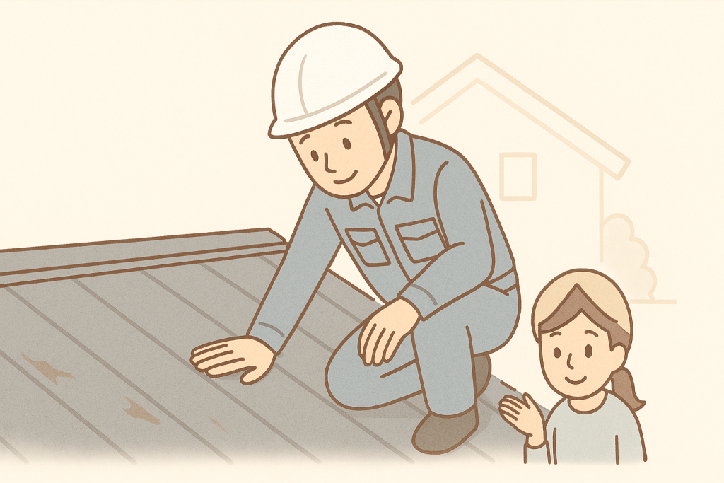 作業員キャラが金属屋根の表面を近くで丁寧に点検している様子を描いたイラスト。