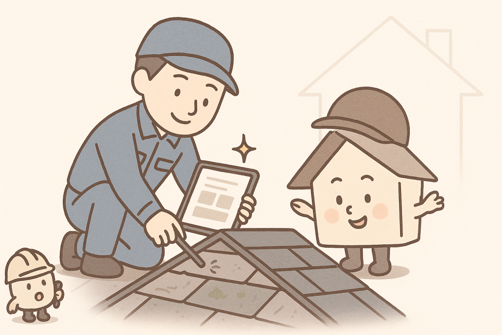 作業員が屋根の上で劣化箇所を丁寧に点検している様子を描いたイラスト。京キャラが横で応援するように見守っている。
