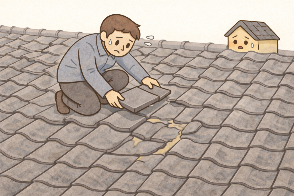割れた瓦だけを差し替えたDIY補修の再発例