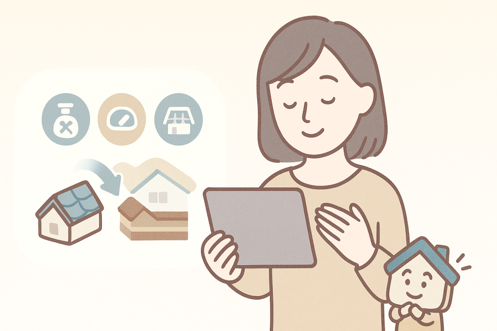 女性がタブレットで瓦屋根リフォームの費用イメージを見て安心しているイラスト
