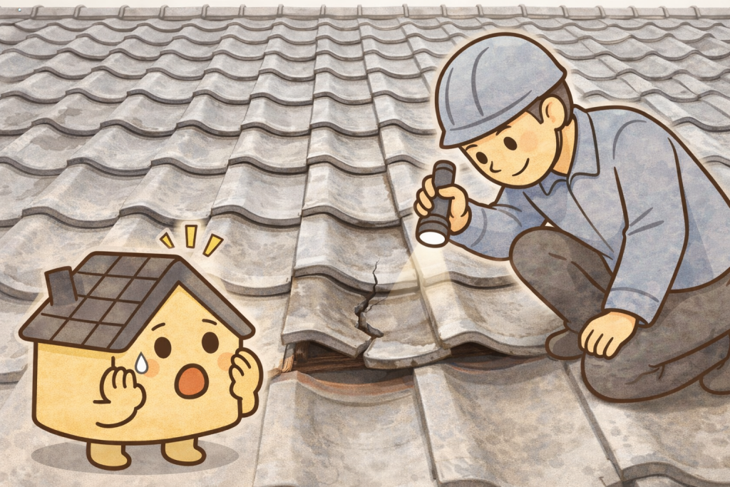 瓦屋根を点検して状態を確認する作業員の様子