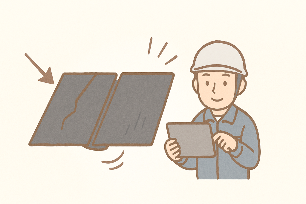 スレート屋根の代表的な劣化「ひび割れ・反り・色あせ」をシンプルな瓦シルエットで示した2D図解イラスト
