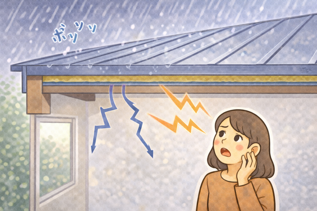 金属屋根で雨音が室内に伝わりやすくなる構造イメージ