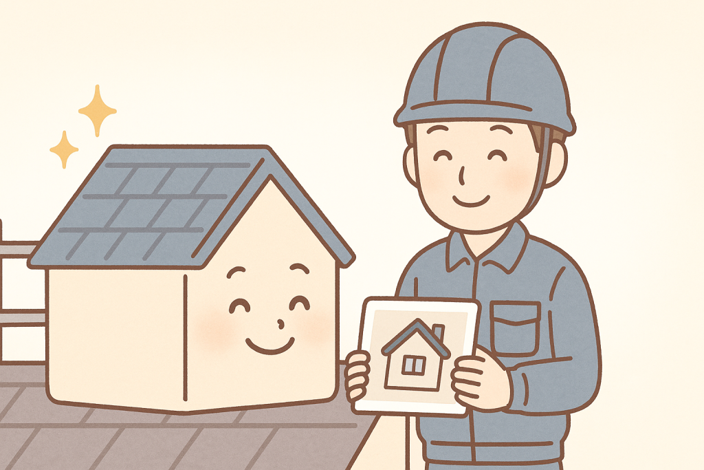 屋根工事完了後に安心している京キャラと作業員のイラスト
