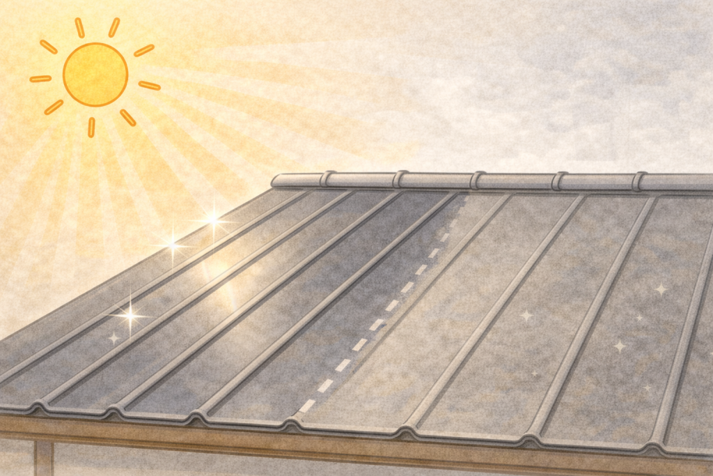 紫外線の影響で金属屋根の塗膜が色あせて劣化している状態