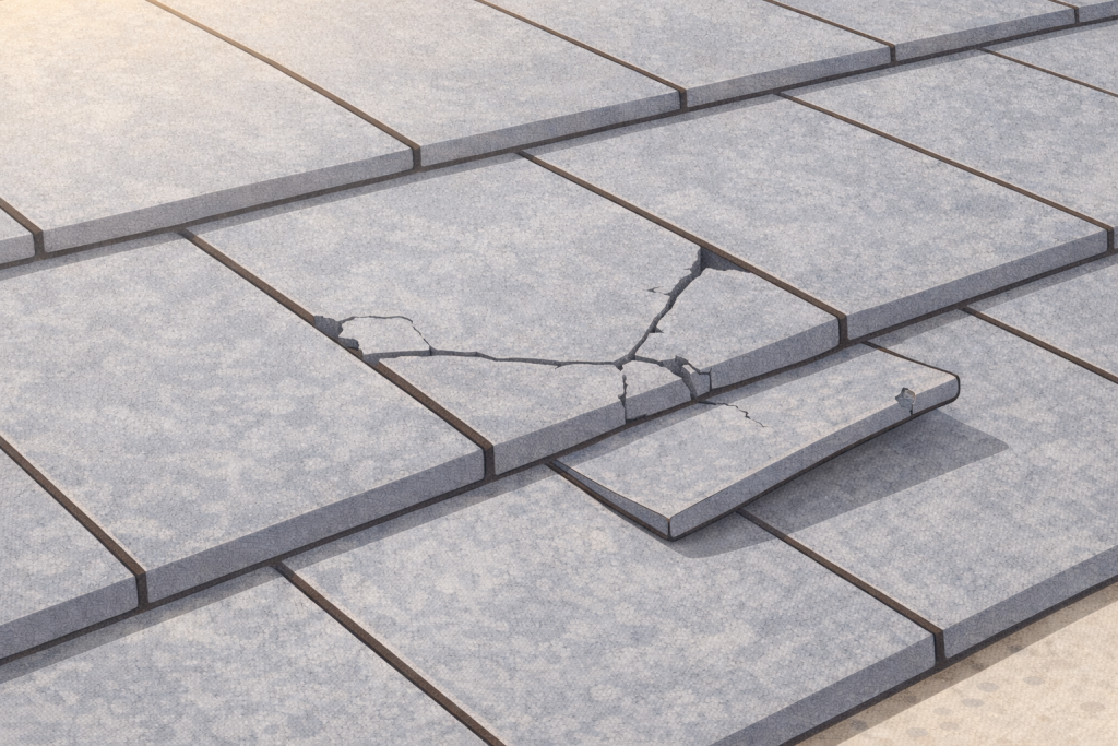 化粧スレート屋根が経年劣化により反りや表面劣化を起こしている状態のイメージ
