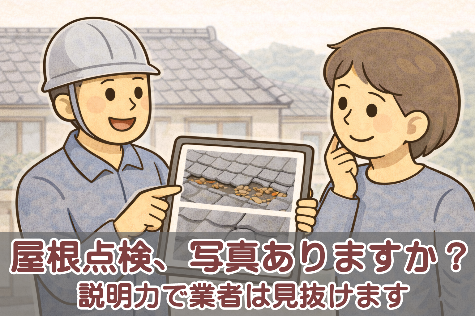 瓦屋根の点検結果を写真で説明している様子を示したアイキャッチ画像
