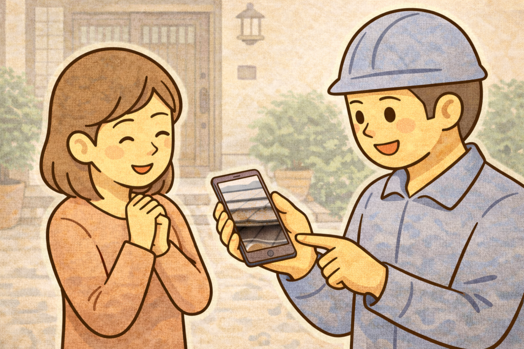 金属屋根の状態を点検して判断している様子