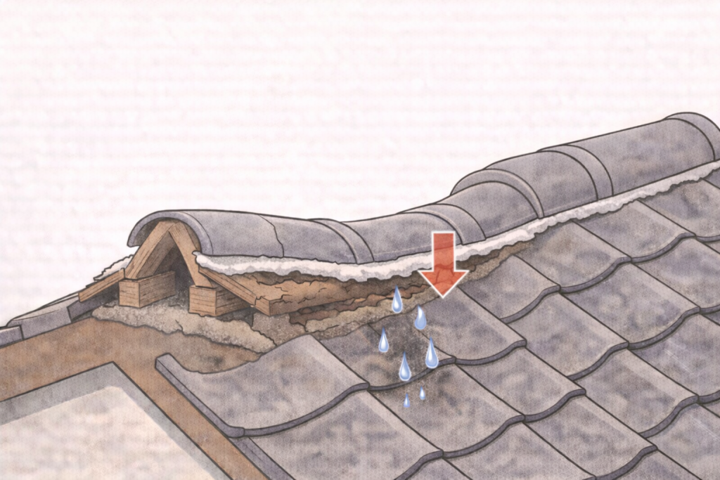棟の積み方が不十分な屋根工事の施工不良イメージ