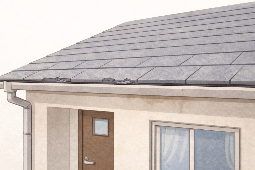 屋根のズレや雨樋に溜まった破片など点検が必要なサインが見られる住宅の様子
