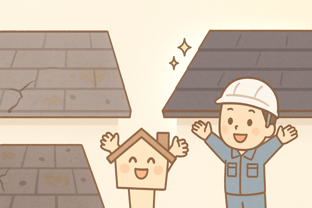 スレート屋根のビフォーアフターを左右で比較した2Dイラスト。左は劣化、右は施工後の美しい屋根。
