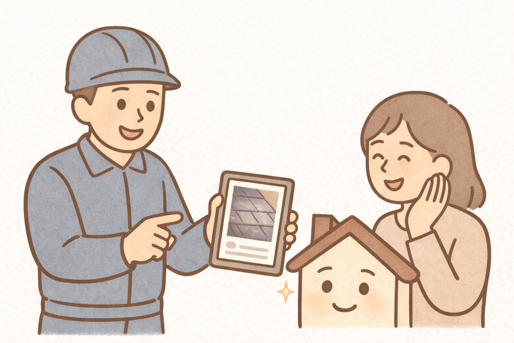 屋根点検で分かりやすく説明する作業員