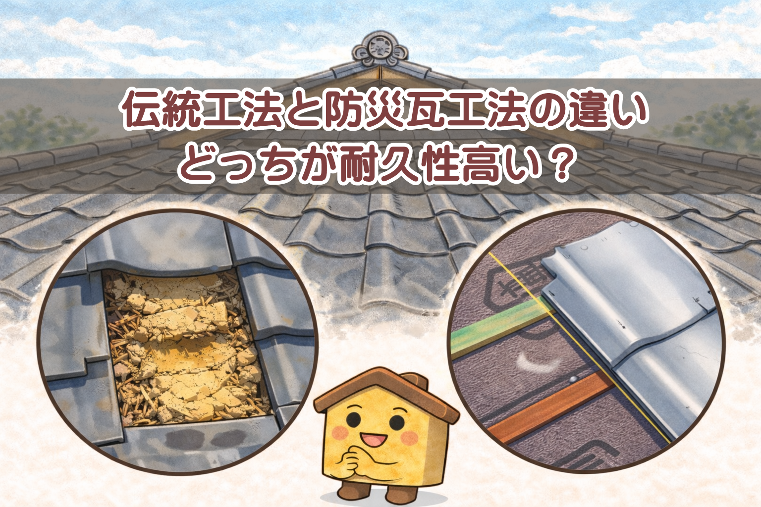 伝統工法と防災瓦工法の違いを比較した瓦屋根イメージ