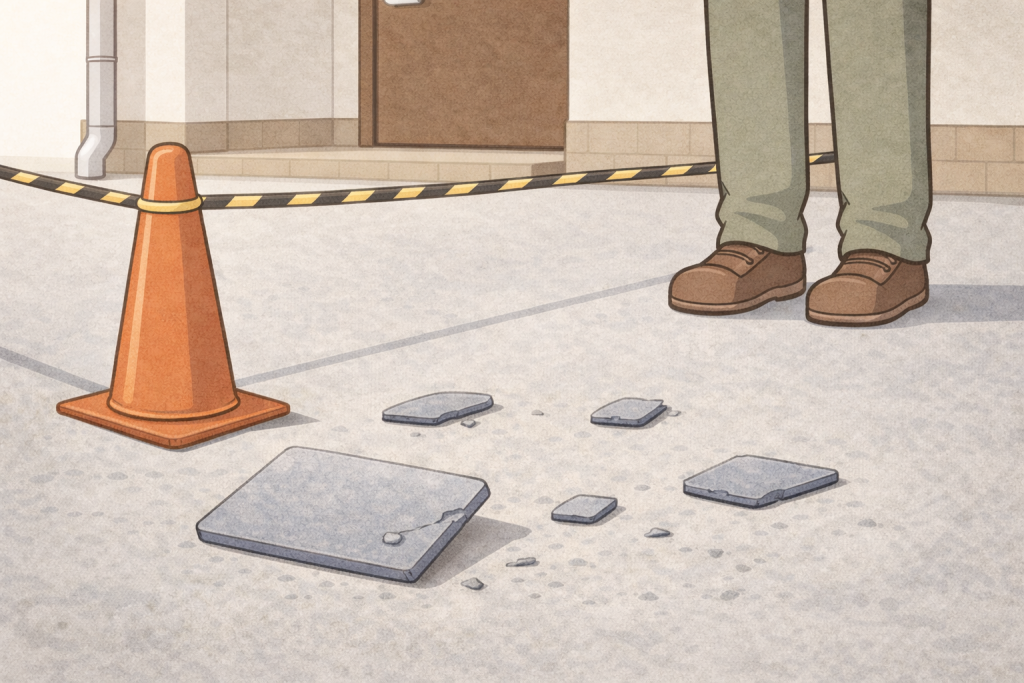 屋根の破片が落ちている場所に近づかず立ち入りを制限している応急対応の様子
