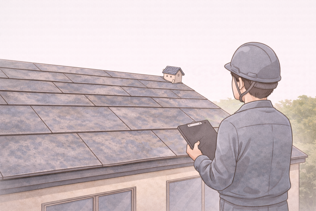 コロニアルスレート屋根の状態を洗浄前に点検して確認している様子のイメージ
