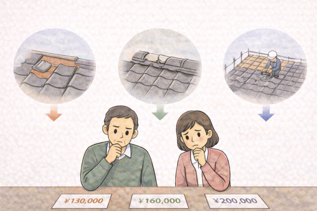 瓦屋根修理の相見積もりで工事内容の違いが金額差になる様子のイメージ