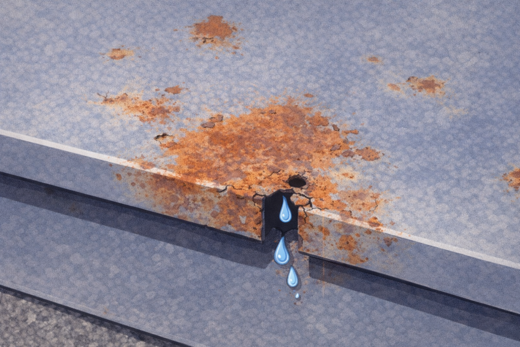 金属屋根のサビが進行してできた小さなピンホールの状態