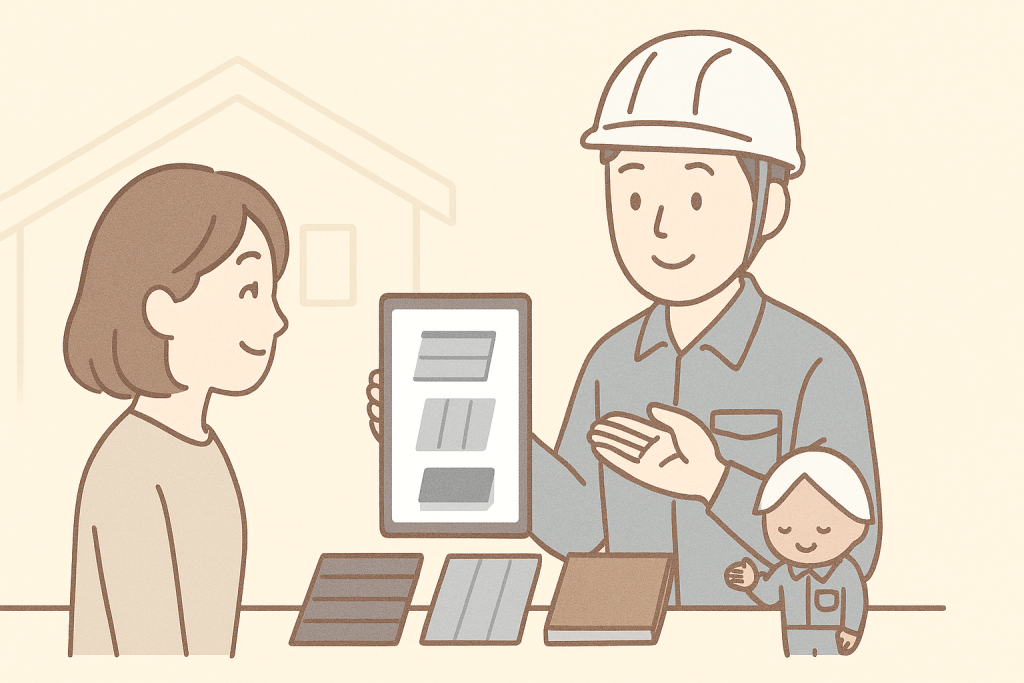 作業員キャラがタブレットとサンプル板を使い、金属屋根の種類を女性に説明しているイラスト。
