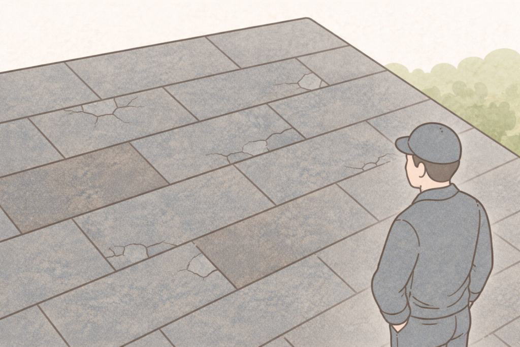 スレート屋根に複数箇所の割れや欠けが広がり部分補修が難しい状態のイメージ