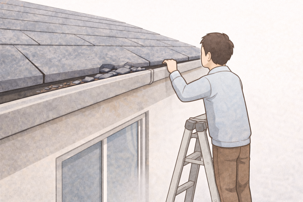 地上から雨樋を確認し屋根に登らず安全にチェックしている様子
