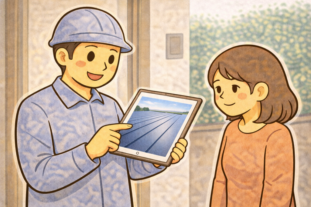 屋根に上らず写真で金属屋根の状態を確認している様子