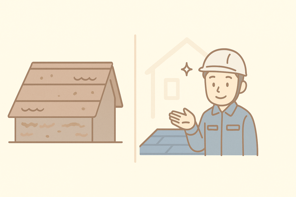 金属屋根リフォームに向いている屋根と向いていない屋根を比較した図解イラスト。劣化状態と良好状態をシンプルな屋根シルエットで対比している。

