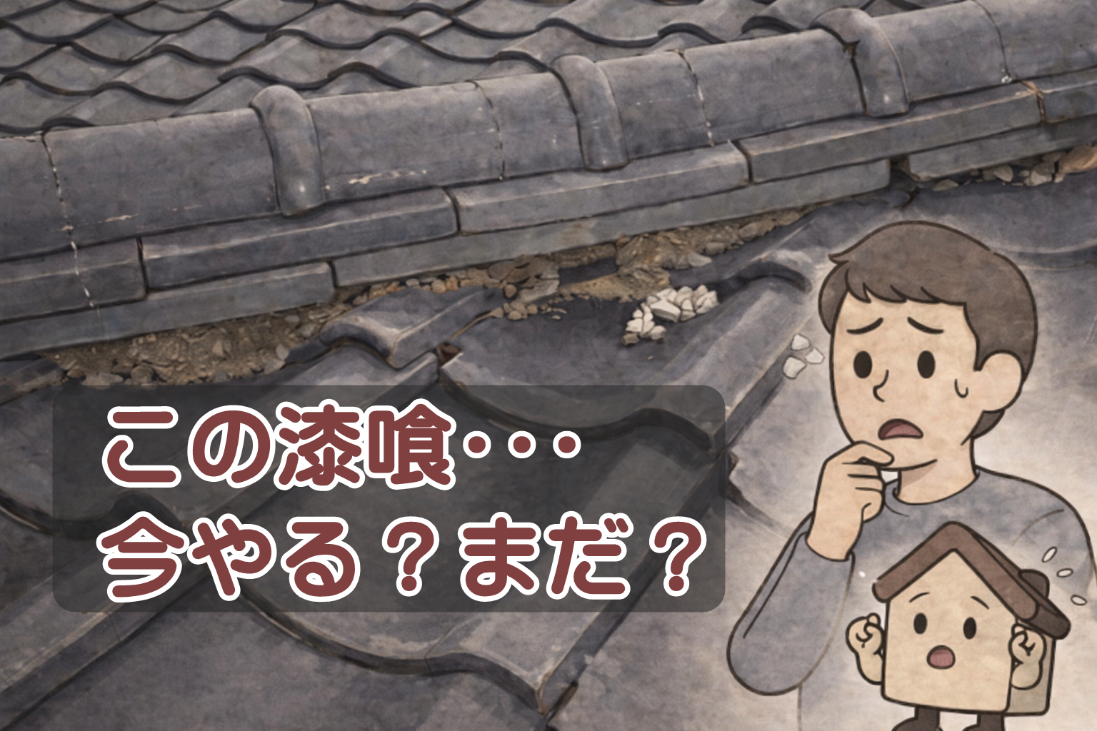 漆喰が劣化している瓦屋根の棟部分