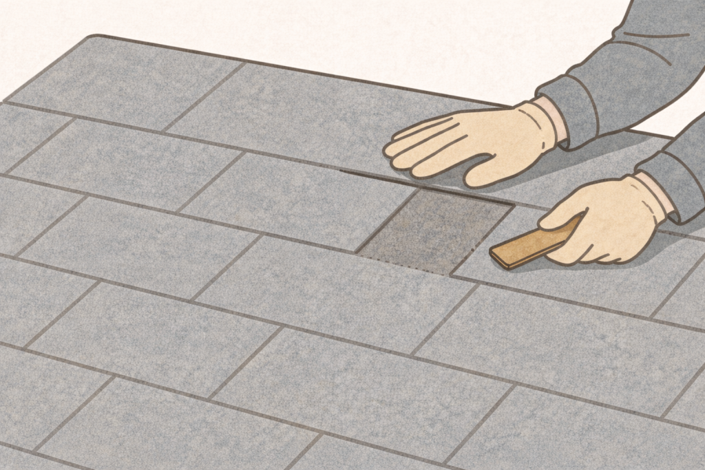 スレート屋根の一部が軽く浮いてズレている状態を点検して整えているイメージ
