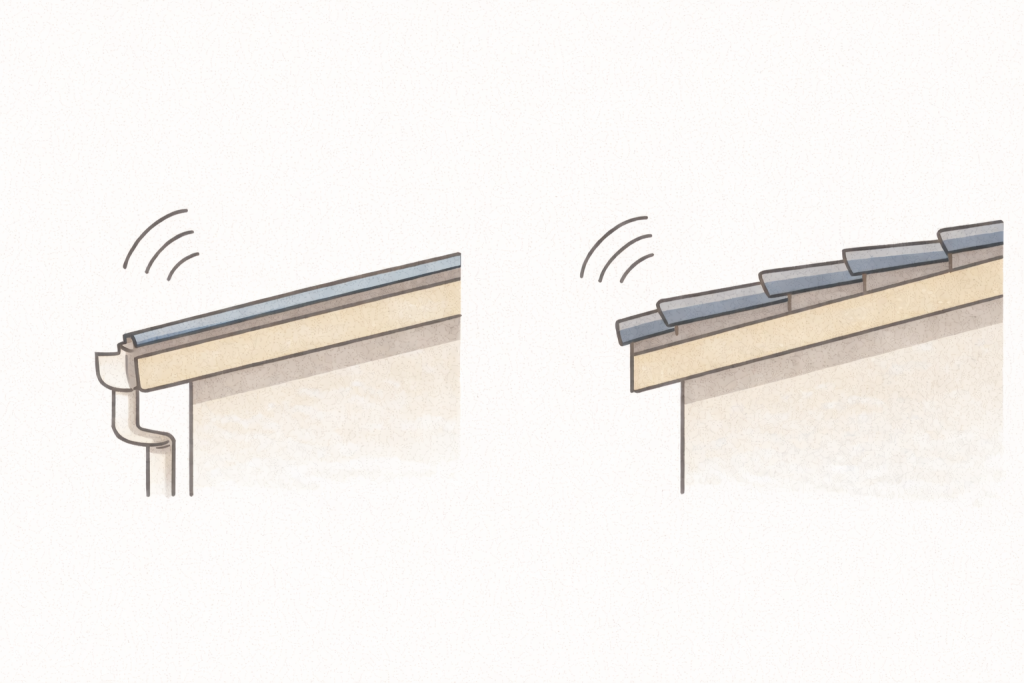 金属屋根と他の屋根材で雨音の伝わり方が違う構造イメージ