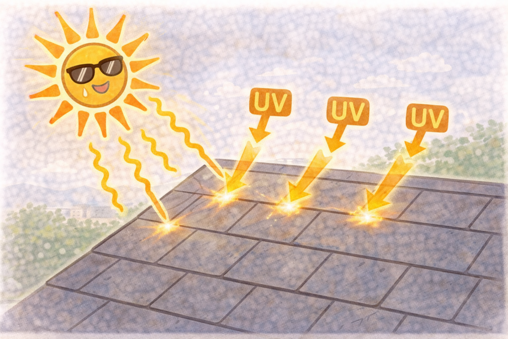 強い紫外線によるスレート屋根表面劣化のイメージ
