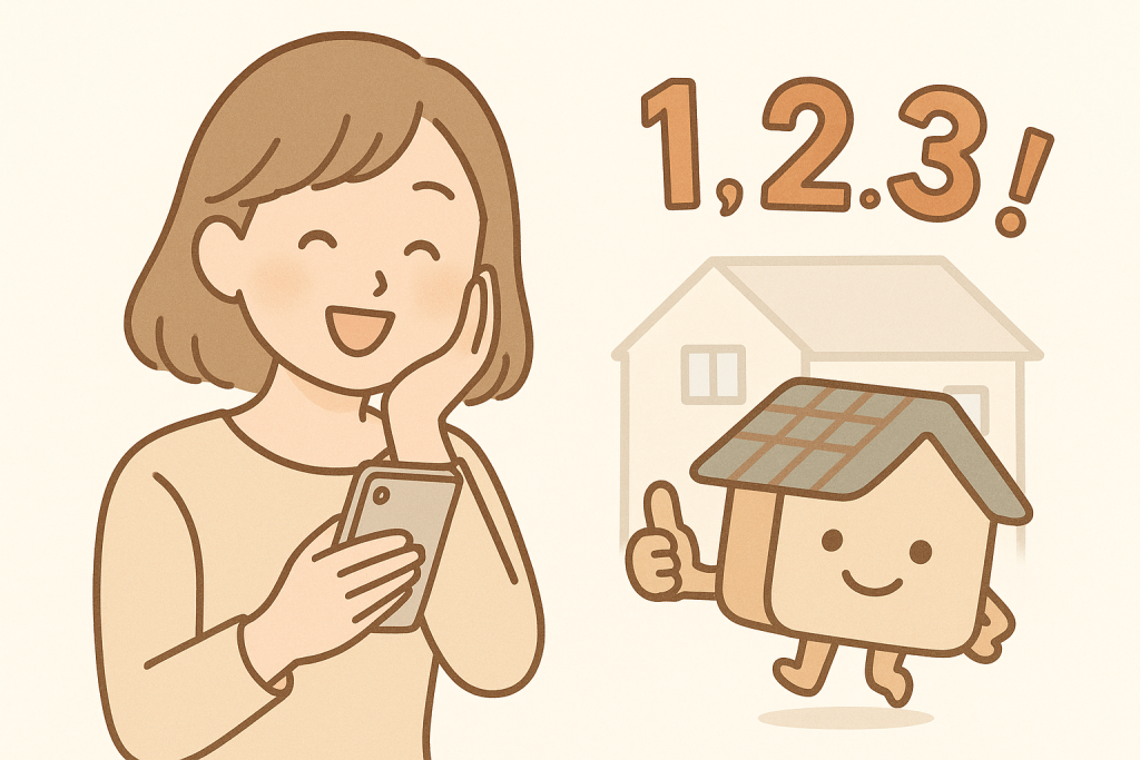 女性が左手を頬に当てて喜びながら右手でスマホを見ており、横で京キャラがバッチグーをしていて背景右上に1・2・3！の数字が入ったイラスト
