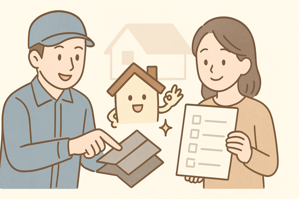 作業員が見積り内容を女性に丁寧に説明し、女性が安心した表情で確認しているイラスト。横で京キャラがバッチグーのポーズをしている。
