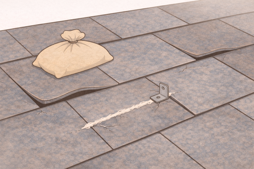 反ったスレート屋根材を無理に押さえつけて固定している不適切な応急処置のイメージ
