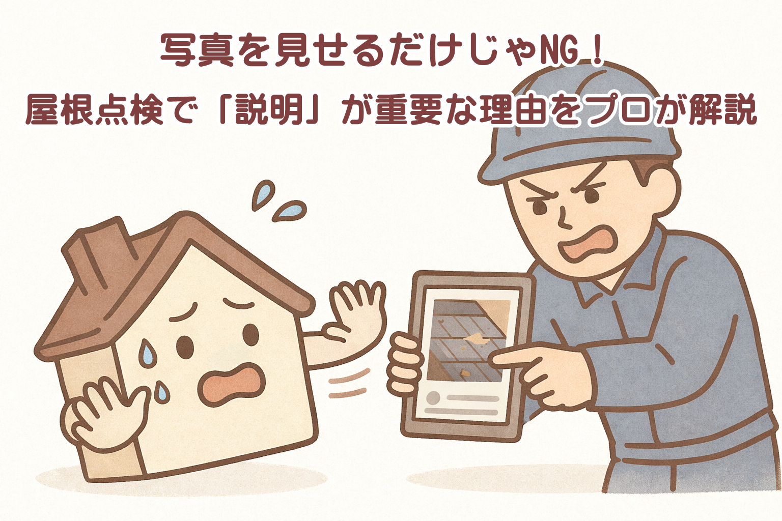 写真だけの屋根点検に不安を感じる家のイラスト